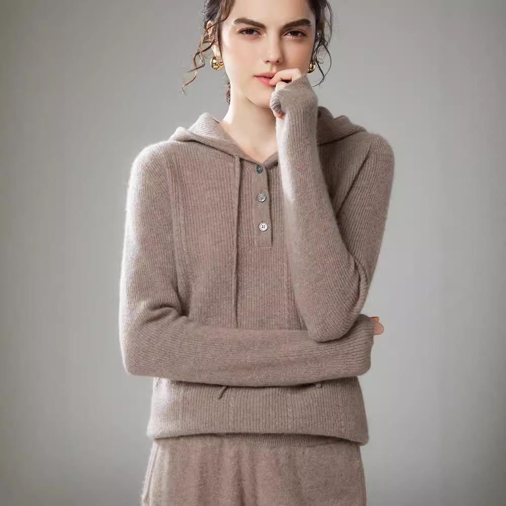 2024 Women's Cashmere Hooded Pullover: Loose Fit, Solid Color, Korean Style Autumn/Winter Sweater