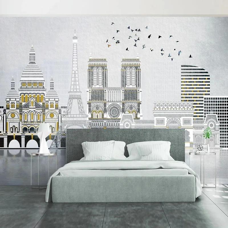 Custom Any Size Mural Wallpaper Hand Painted Nordic City Architecture European Style Flying Bird Background Wall Painting Decor