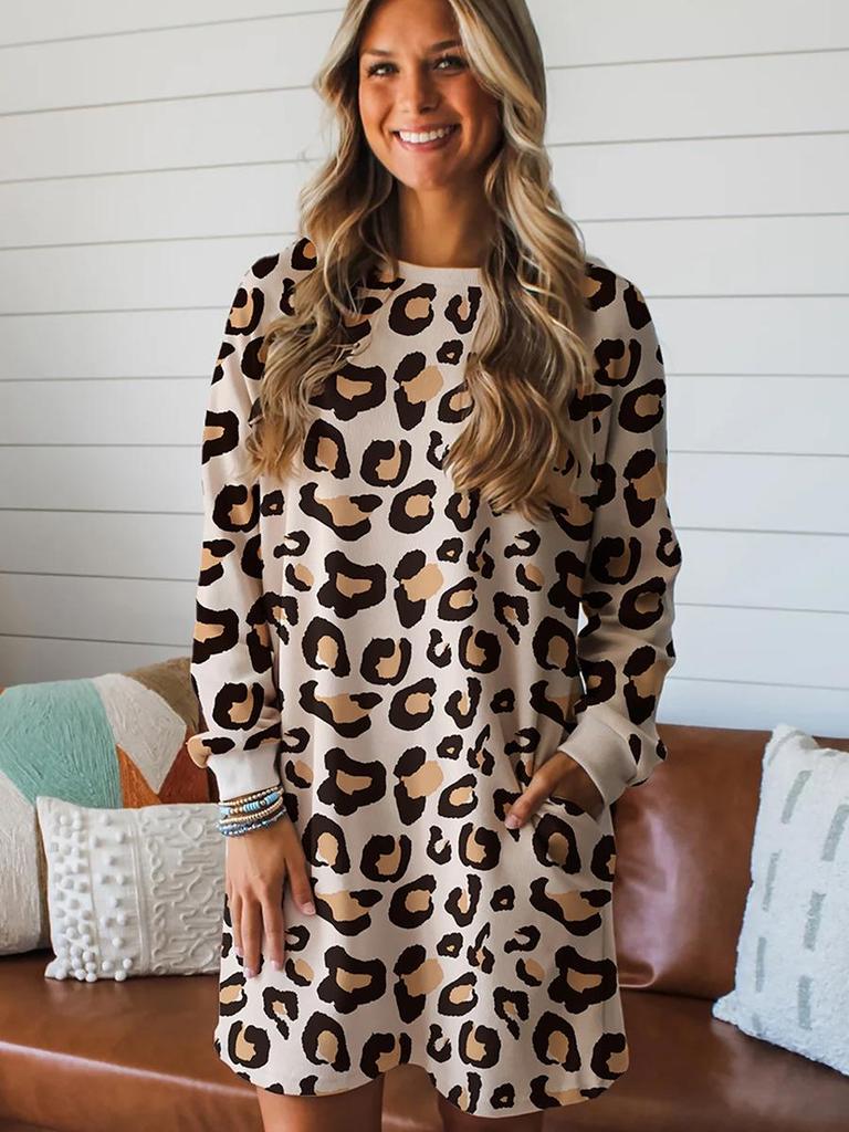 2025 Winter European & American Leopard Print Loose Casual Long Sleeve Dress with Pockets