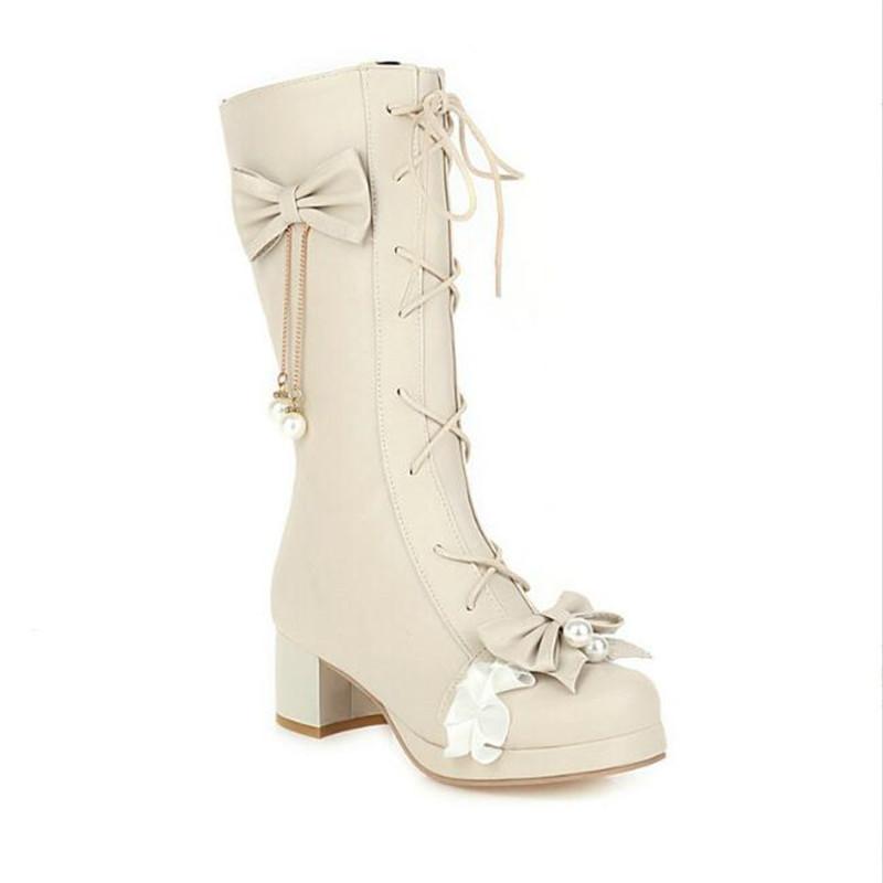 Girls High Heels Shoes Fashion Princess Wedding Party Shoes Cross Tied Bow High Heel Boots Women's Boots Ladies Shoes 30-46