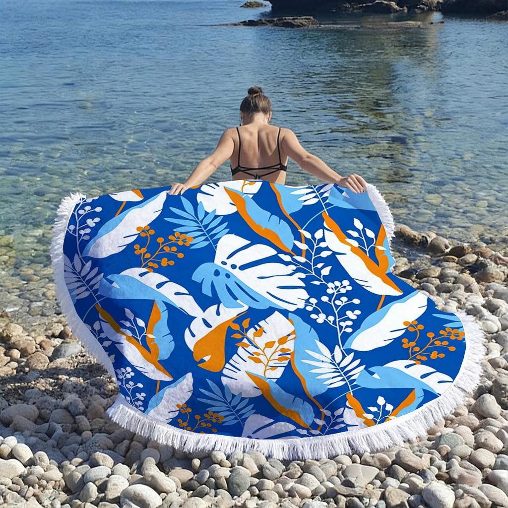 Tropical Plant Print Round Beach Towel Super Absorbent Quick Dry Microfiber Outdoor Picnic Mat Sunbathing Blanket For Travel