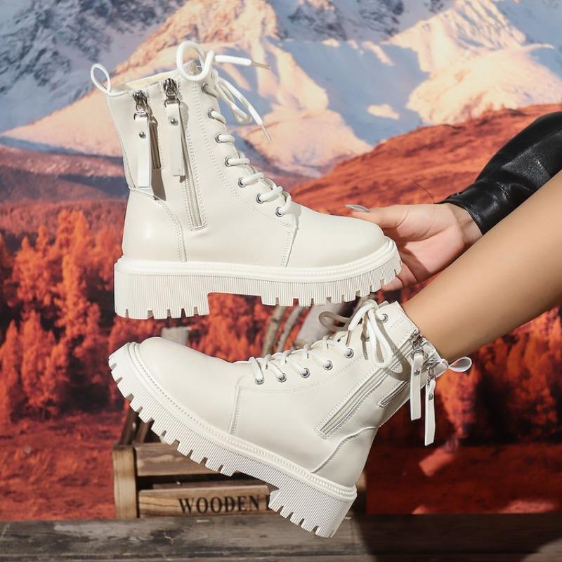 Fashion Women Boots Thick Warm Long Plush Ankle Boots Women Winter Lace Up Leather Motorcycle Boots Plus Size Comfortable Shoes Women