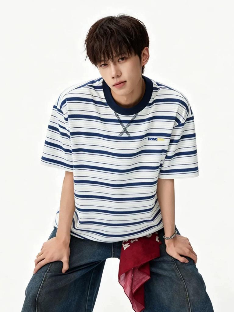 Men's Striped Short Sleeve T-Shirt Casual Crew Neck Tee Summer Loose Fit Hip Hop Streetwear Top