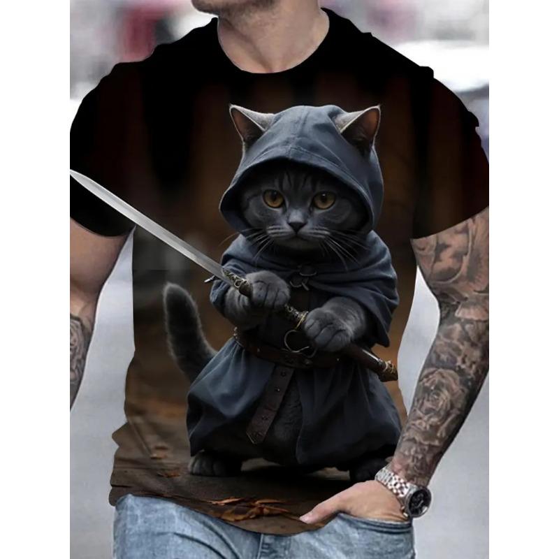 Summer Men's Breathable Outdoor T-shirt Short Sleeve Cartoon Cat Printed Pattern Large Size Loose Men's T-shirt Casual Classic