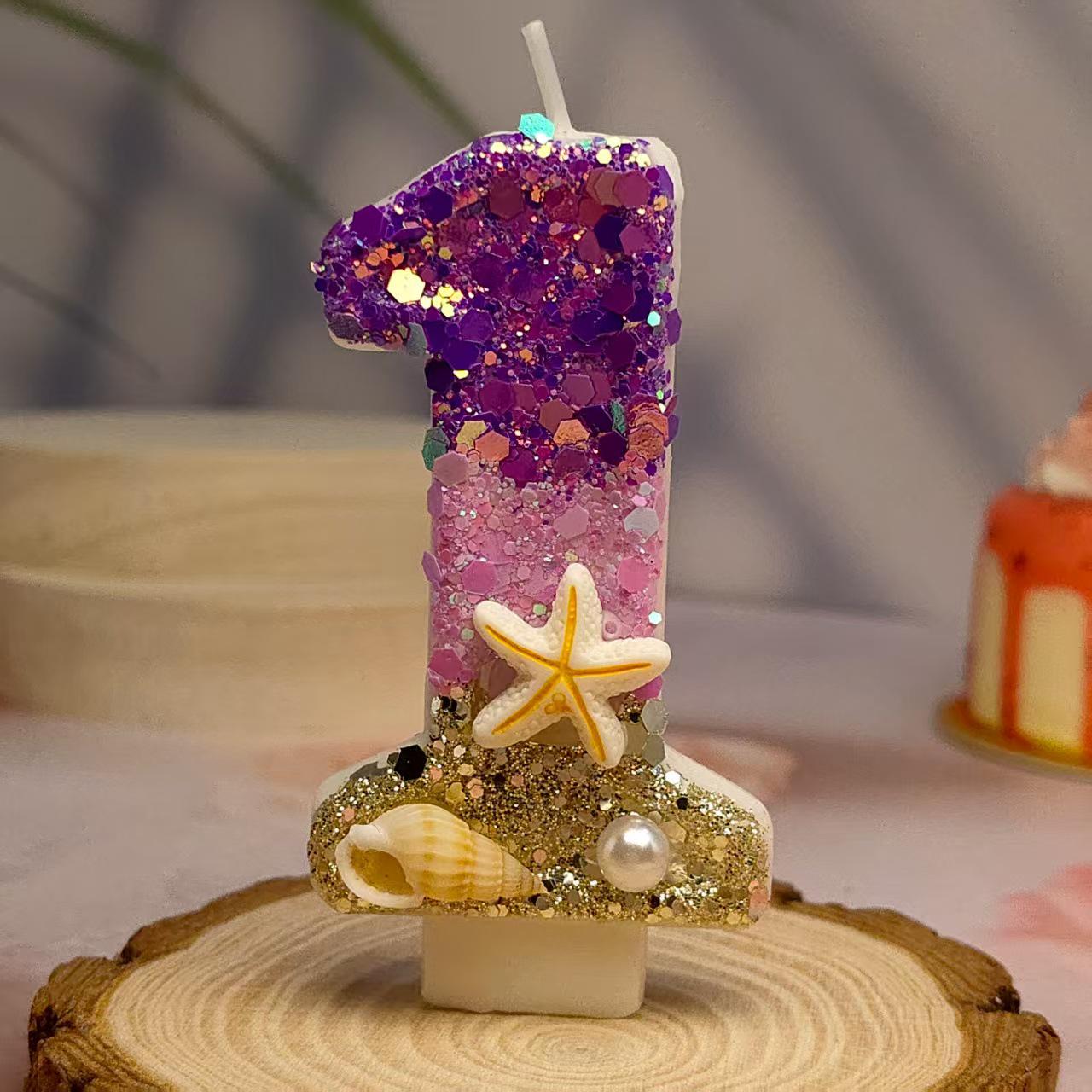 Creative Blue and Gold Gradient Shell Number Candles (0-9) for Cake Decoration