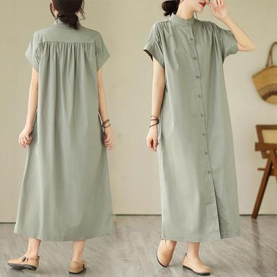 2025 Zomer Plus Size Opstaande Kraag Korte Mouw Katoenen Jurk - Losse, Casual en Slankmakende Pasvorm voor Dames