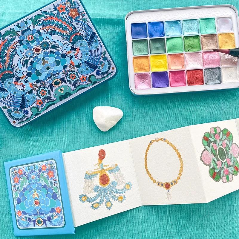 6/24 Color Watercolor Paint Set Chinese Style Kingfisher Glitter Solid Pearlescent Color Pigment Watercolor for Arts Drawing