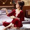 Autumn and winter women's golden velvet pajamas long-sleeved Korean version thin pullover lace coral velvet loungewear set large size