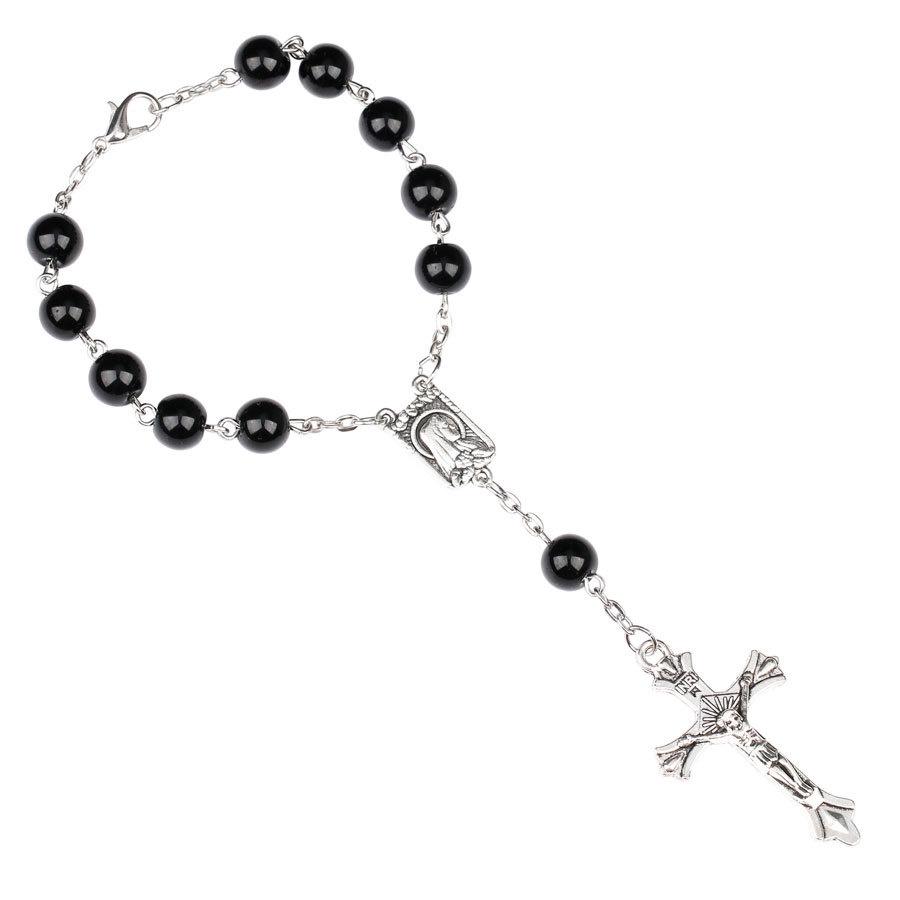 Purple Glass Pearl Rosary Bracelet With Cross Pendant Religious Jewelry
