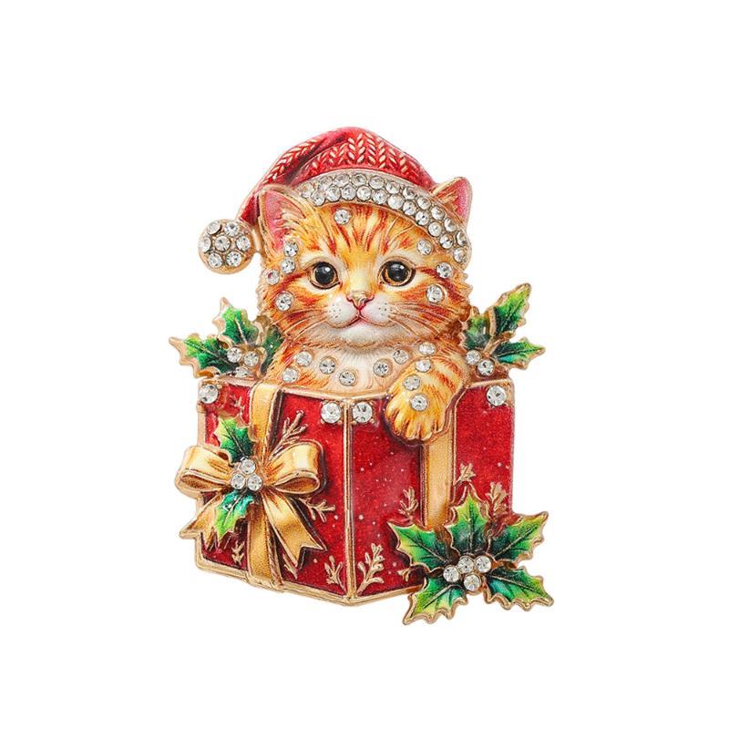 Cute Christmas Cat Brooch Rhinestone Decor for Women Fashion Lapel Pin with Gift Box for Valentine's Day Gifting