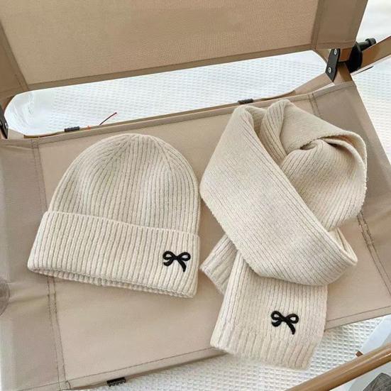 2Pcs/Set Children Hat Scarf Set Bow Knitted Hood Windproof Neck Scarf Set Thickened Soft Warm Cozy Autumn Winter Wear