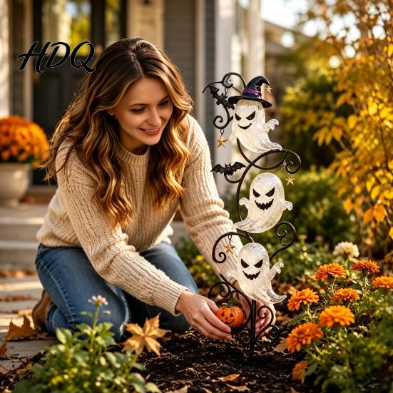 Holiday Lawn Art for Path Halloween Ghost Garden Stake Cute Ghosts 2D Flat Metal Yard Decorations Sign Outdoor Decoration Pathway Patio Front Porch