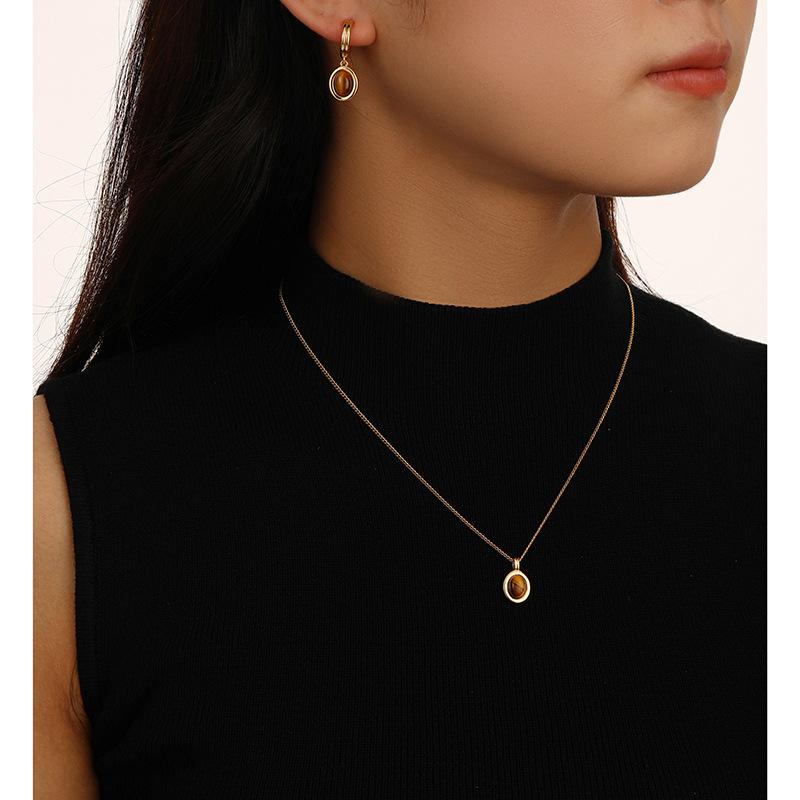 Tiger's Eye Pendant Jewelry Set – Gold Tone Minimalist Necklace Huggie Earrings, Natural Stone Boho Gift for Women