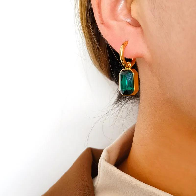 Edelstahl Hohe Qualität Grün Geometrisch Kristall Hängende Ohrringe für Damen Retro Mode Creolen Smaragd Schmuck Zubehör Geschenk