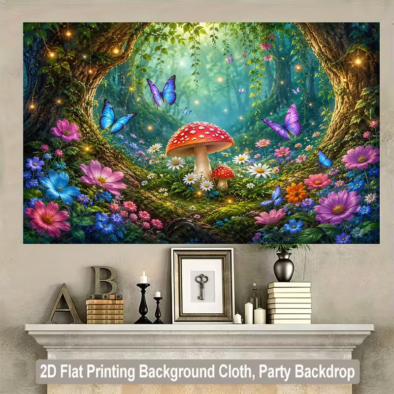 2D Whimsical Enchanted Woodland Backdrop with Butterflies & Flowers Photo Background