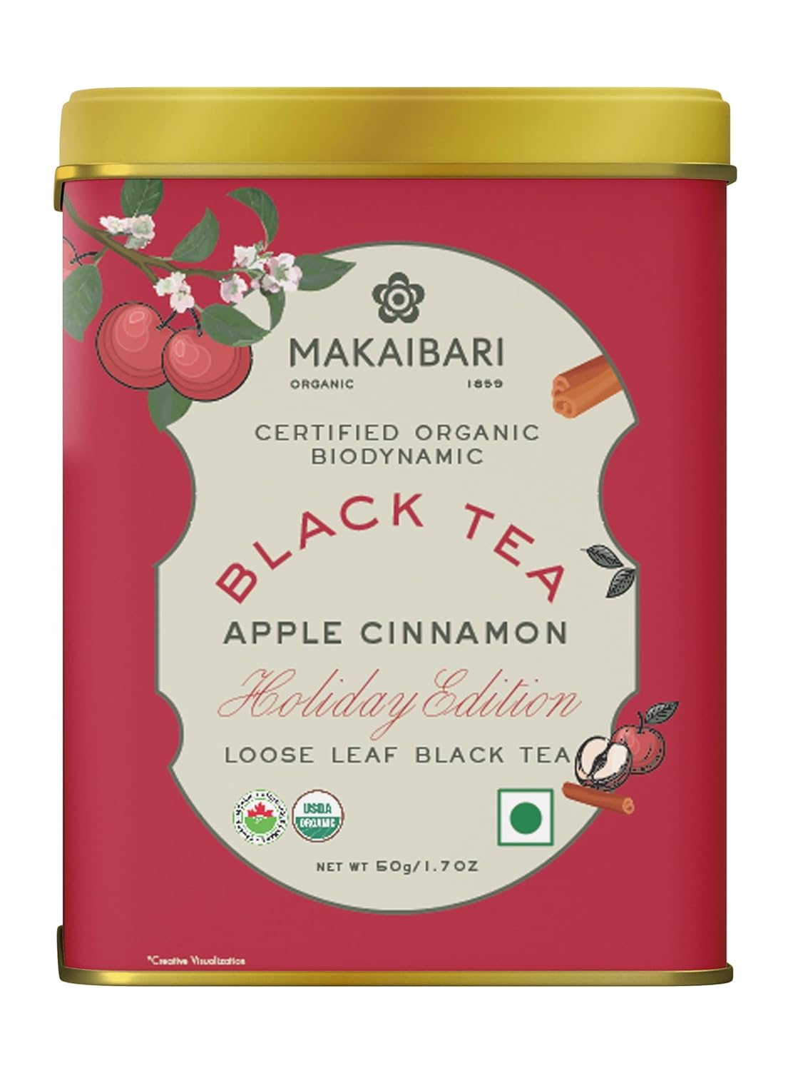 

Makaibari Holiday Edition Apple Cinnamon Black Tea Tin Caddy 50g Premium Organic Spiced Black Tea Gift Blend