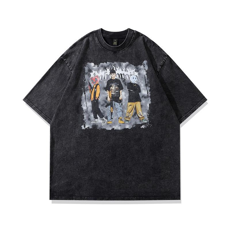 Guochao Gewaschenes Altes Animations-T-Shirt Kurzarm Herren und Damen Amerikanischer Retro Street Hip-Hop Trendiges Paar Halbarm