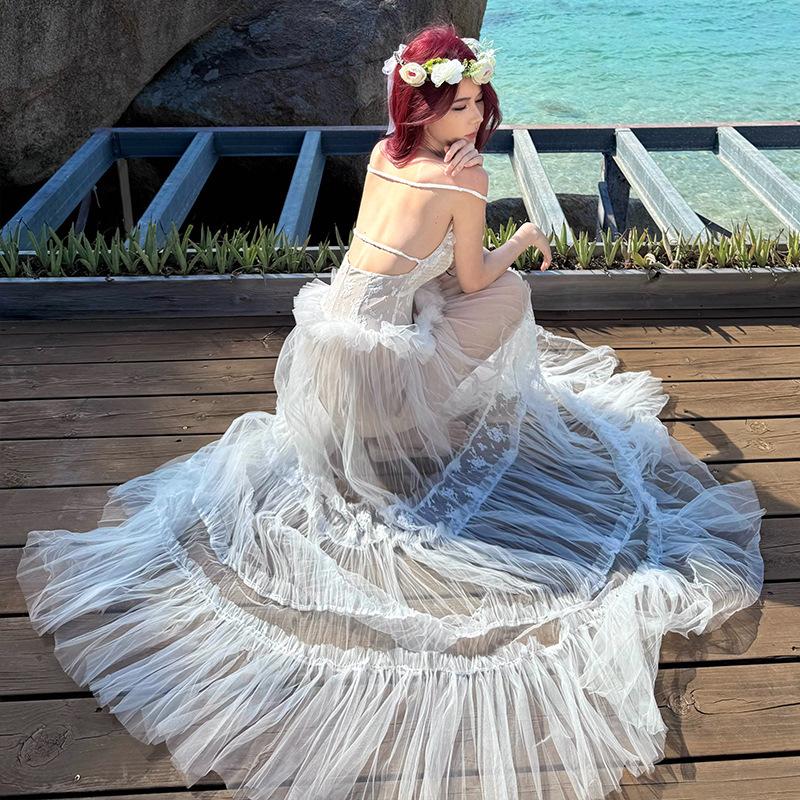 Seaside Vacation Huge Good-looking Lace Splicing Mesh Neck Backless Dress Female Summer White Fairy Dress