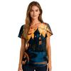 Women's Halloween Printed V-Neck Short Sleeve Scrub Top with Pockets