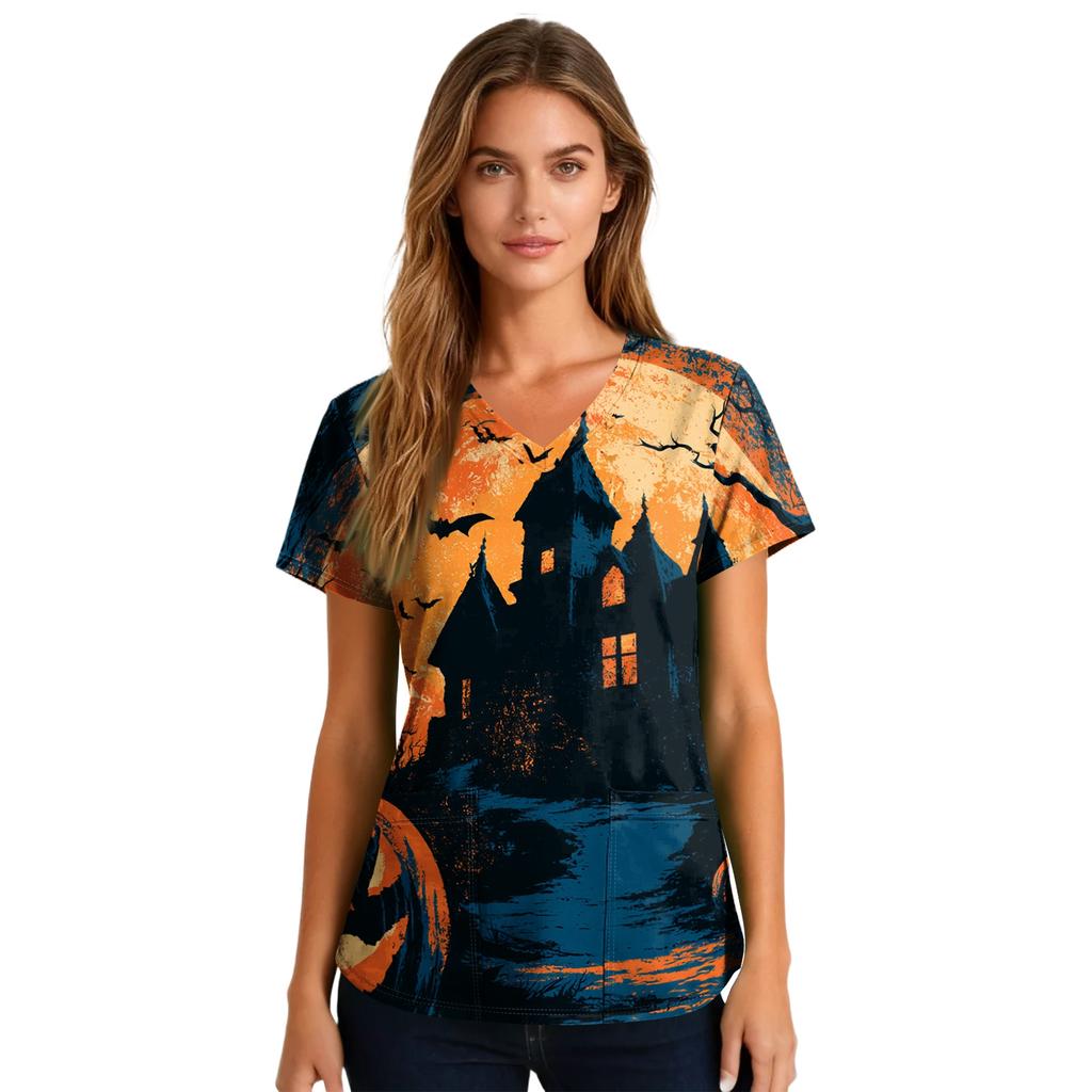 Women's Halloween Printed V-Neck Short Sleeve Scrub Top with Pockets