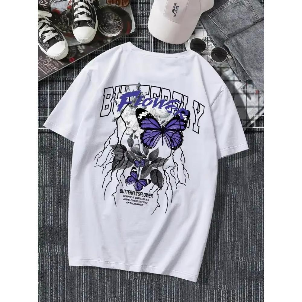 

Summer New Men s Casual Crew Neck Short Sleeve Butterfly & Flower Butterfly Printed Cotton T-Shirt M