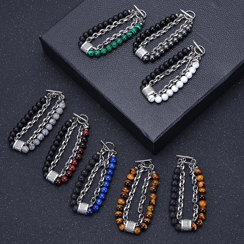 Men's Natural Tiger Eye Stone & Stainless Steel Chain Bracelet