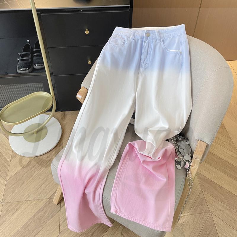 

Korean Gradient High-Waist Wide-Leg White Denim Pants for Women S