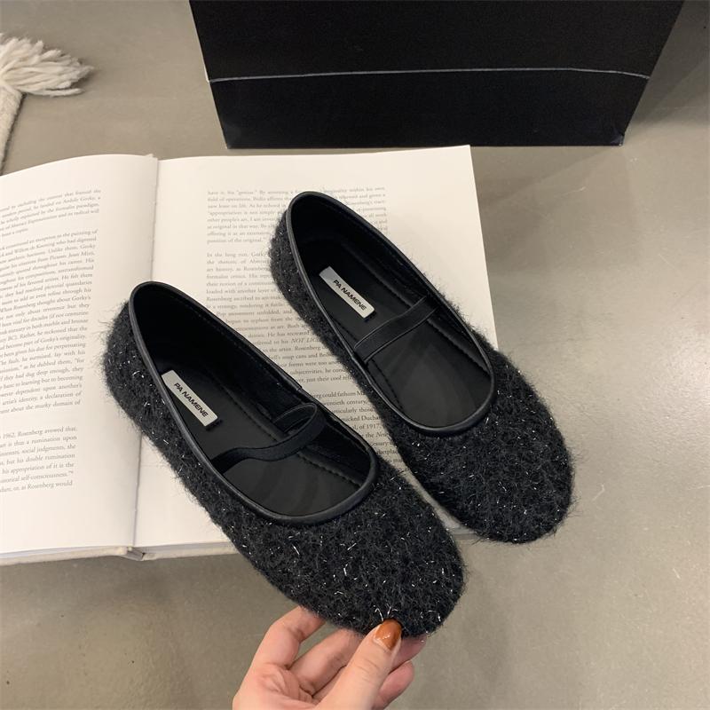 

Мода Bailamos Новый Бренд Женские Балетки Круглый Носок Мелкие Слипоны Женские Повседневные Балетные Меховые Туфли Мягкая Кожа Элегантные Туфли для Платья Mujer 39 чёрный