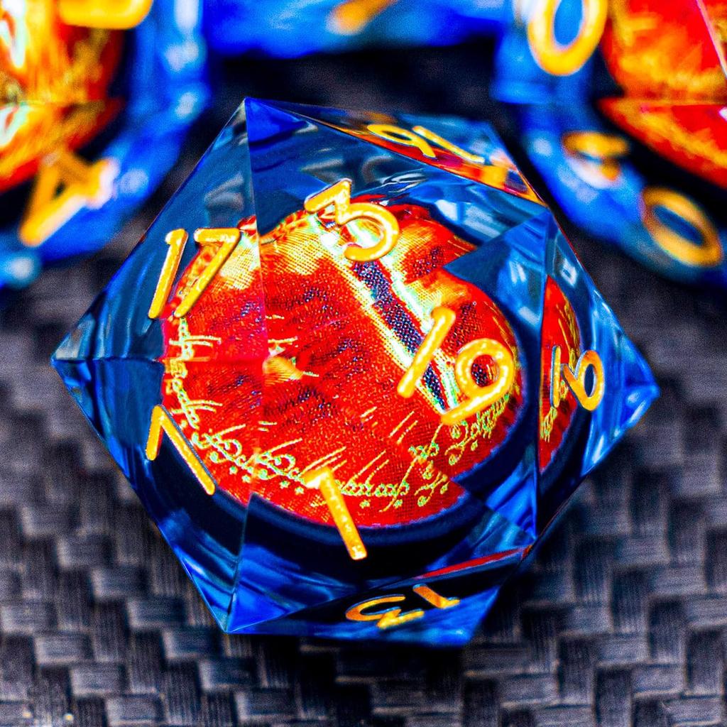 Runes DND Resin Dice Gazes Eye Dice Golden Blue Liquid Core Flaming RPG Sharp Edged Dice Set with Gift Box Polyhedral Compatible