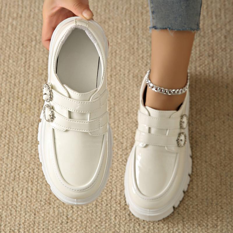 fashion Crystal Buckle Chunky Heels Pumps Women Black Patent Leather Platform Loafers Woman Thick Bottom Non-Slip Gothic Shoes Ladies