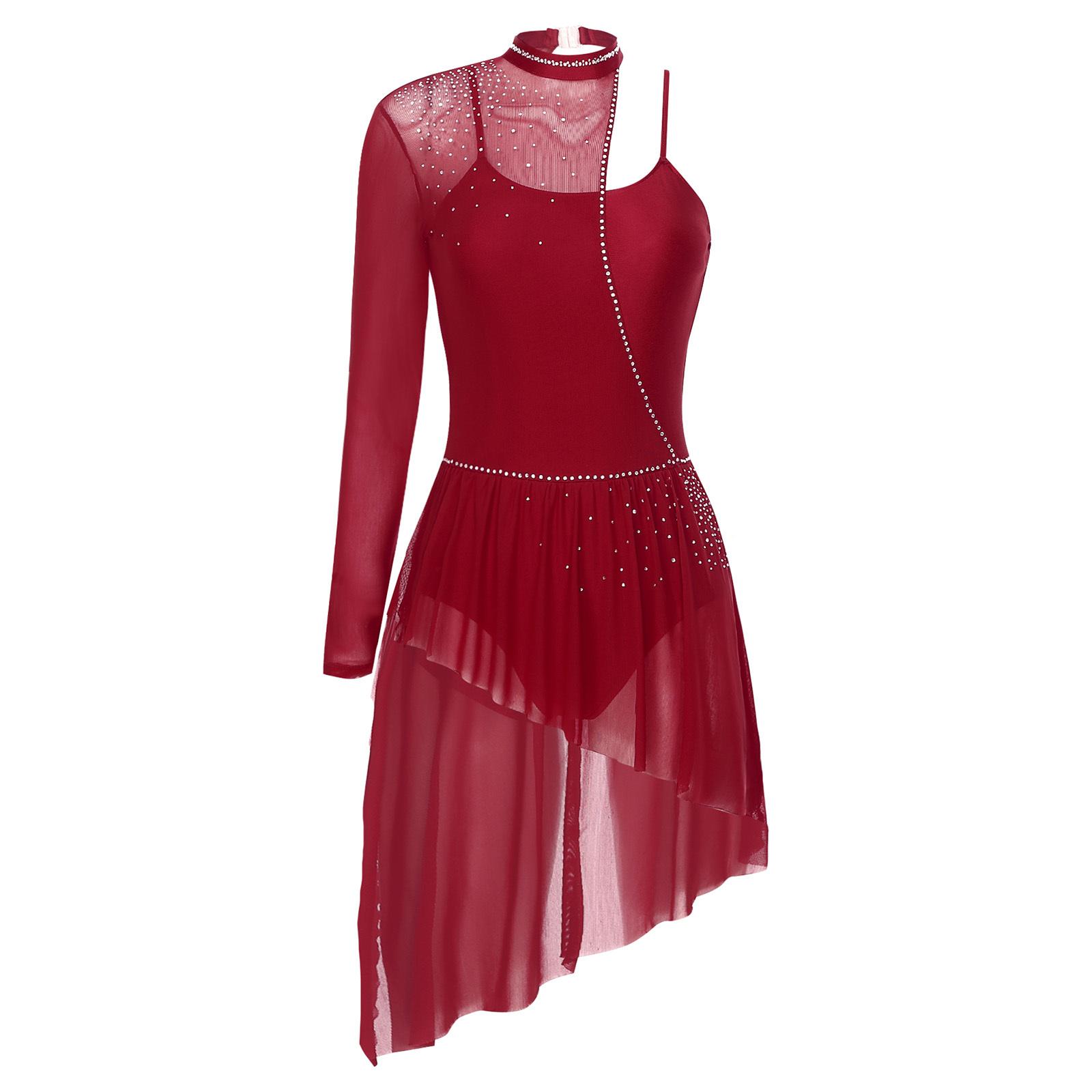 

Womens Asymmetrical Lyrical Dancewear Long Sleeve Spaghetti Straps Patchwork Irregular Hem Dresses S бордовий