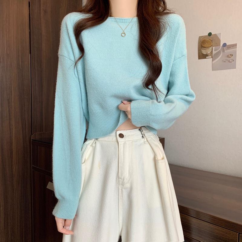 

Трикотажная основа свитера женская осенне-зимняя пуловер женский маленький топ вязаный one size небесно-голубой