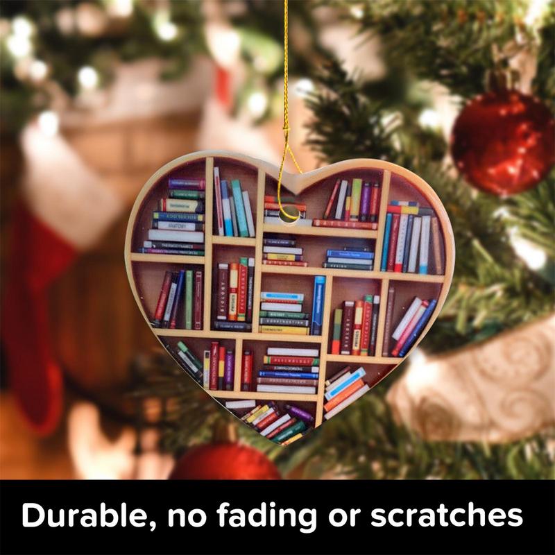 Book Lovers Ornaments Wooden Heart Shaped Bookshelf Reading Pendant Christmas Tree Hanging Decoration Home Xmas Ornaments