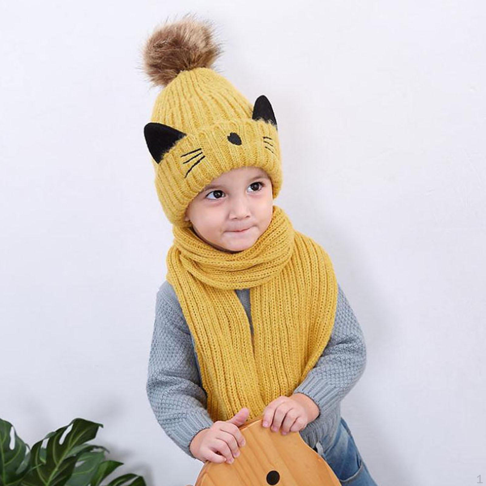 

2pcs Baby Hat And Scarf Set Knitted Pom Hats Boys -9 Years Old жовтий