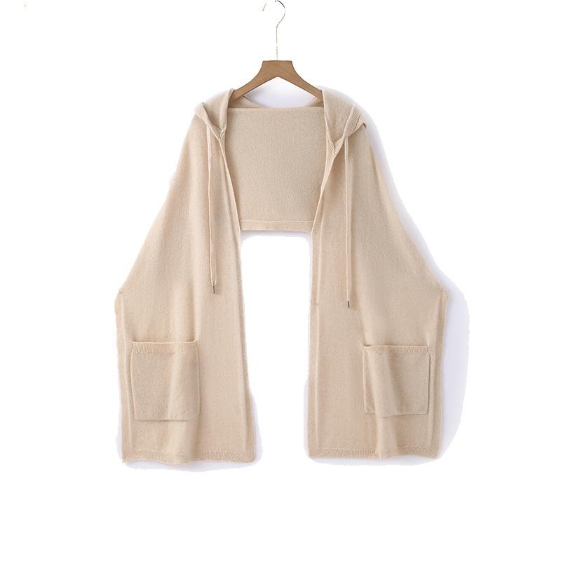 Autumn and winter new high-count high-density belt pocket solid color cashmere knitted scarf belt pocket comfortable women's shawl hat integrated