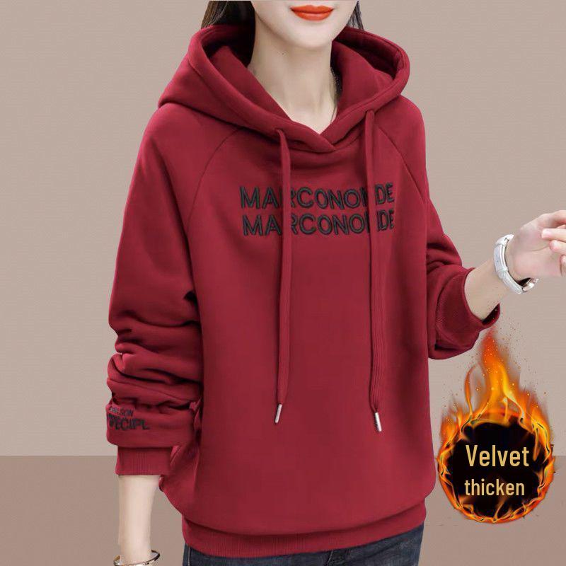 Plus Size Women s Velvet Lined Letter Print Hooded Sweatshirt - Autumn/Winter Fashion Slim Fit M