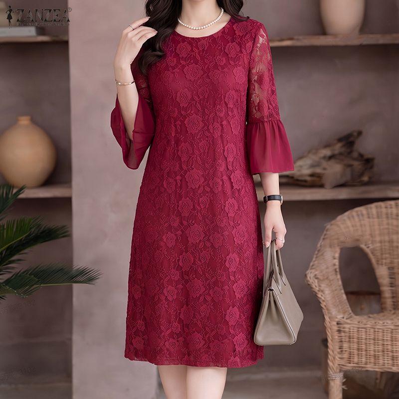 ZANZEA Women Casual Round Neck 3/4 Sleeve Elegant Lace Patchwork Dress