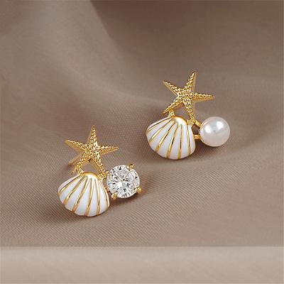 Shell Starfish Stud Earrings for Women Cute Asymmetric Imitation Pearl Rhinestones Beads Ear Jewelry Accessories