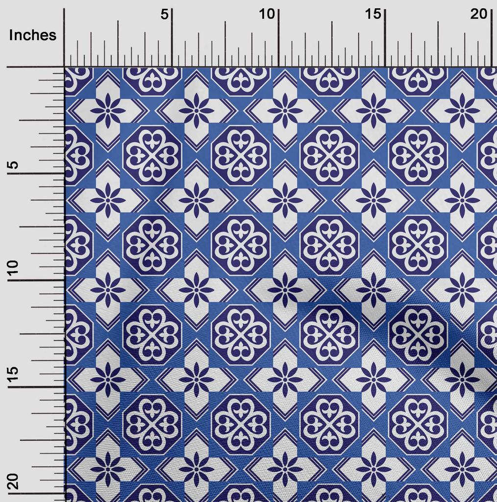 oneOone Cotton Flex Arctic Blue Fabric Floral & Tiles Moroccan Sewing Craft Projects Fabric Prints By Meter 40 Inch