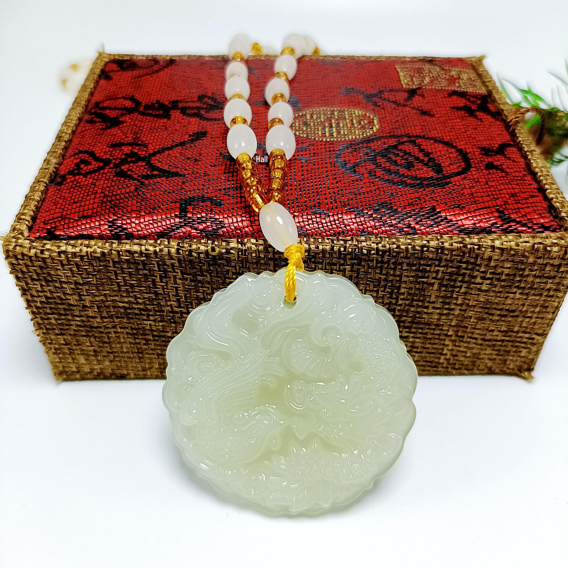 Ethnic Style Dark Green Jade Qilin & Phoenix Pendant Necklace