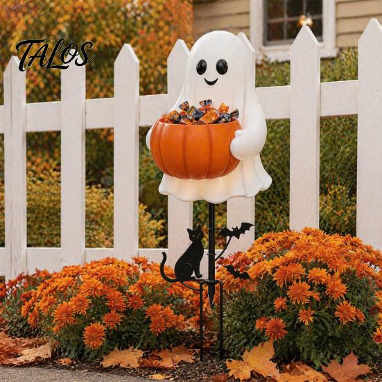 Sturdy Resin Ghost Candy Container Halloween Holder Garden Stake, Cute Glowing with Pumpkin Bowl, Gift for Lovers Outdoor Yard Sign Front Porch, Lawn,