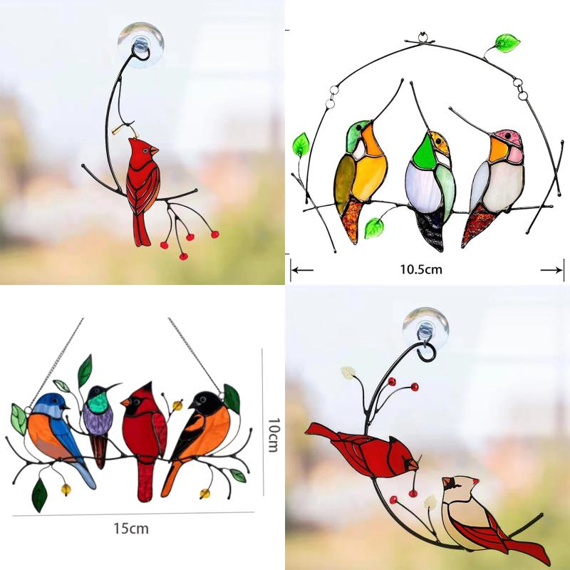 Cardinal Birds Stained Window Panel Hangings Birds Hanging On A Wire On Branch Room Decoration Accessories For Mother’s Day Gift
