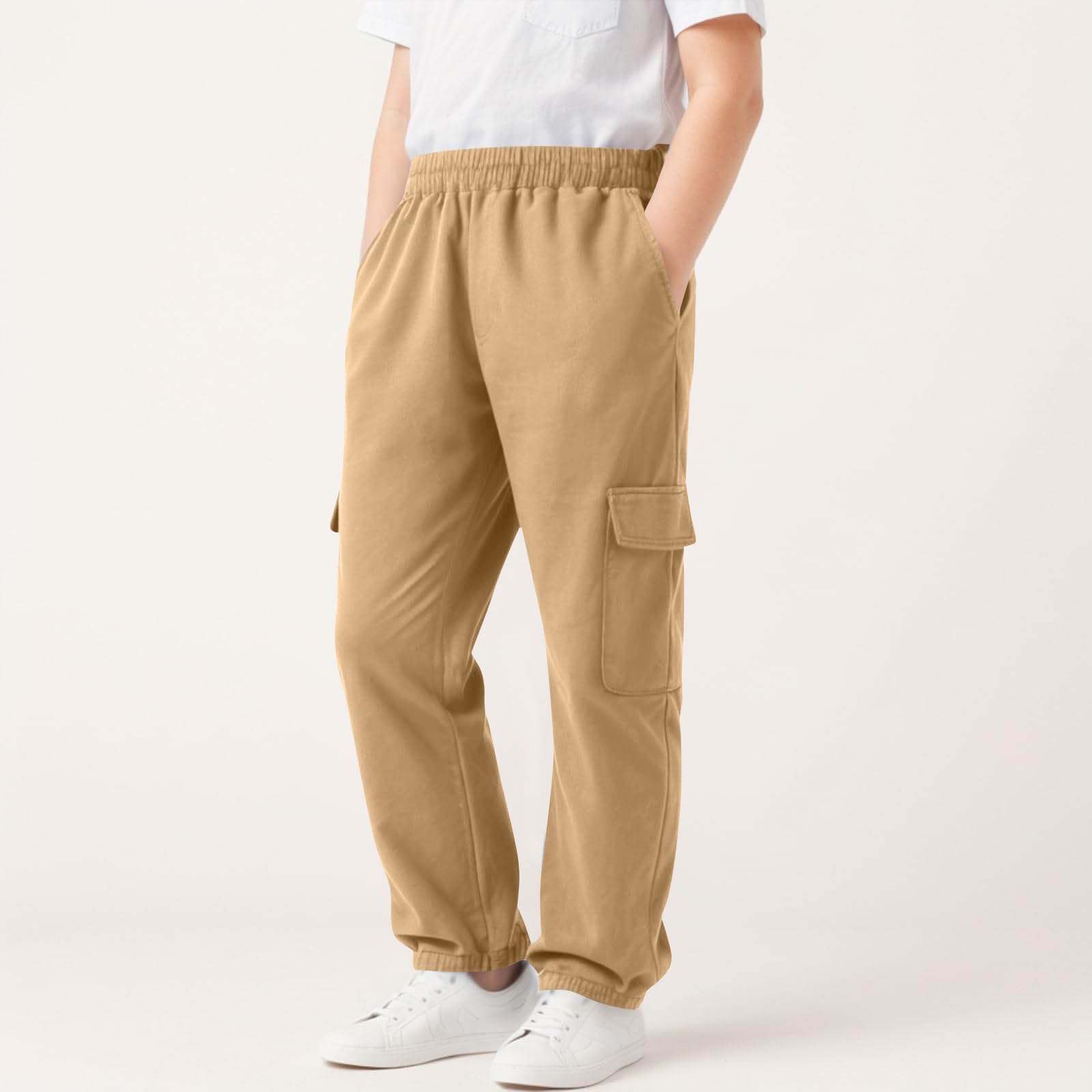 

Boys Baggy Elastic High Waist Joggers Casual Straight Leg Workout Sweat With Pockets Pants 120 хаки