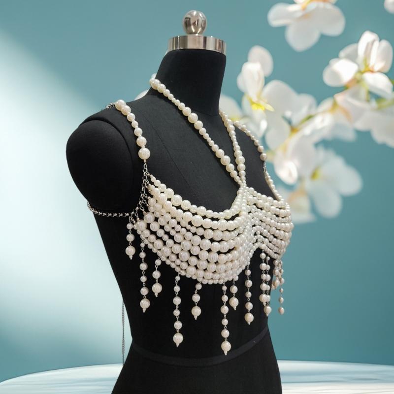 Catena da corpo con frange e perle finte alla moda, Bralette, Gioiello per il corpo con perline, Harness, Bustier, Top a reggiseno per costumi da bagno da donna