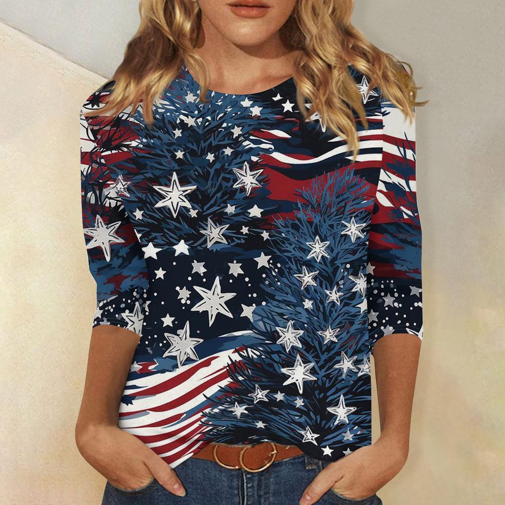 T-shirt Top Décontracté Tendance pour Femme Imprimé Drapeau Américain et Étoiles Fête de l'Indépendance Manches Trois-Quarts Col Rond