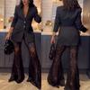 Women's Loose Fit Two-piece Pantsuit Long Sleeve Blazer High Waist Flare Pants Solid Color Lace Patchwork Business Matching Suit
