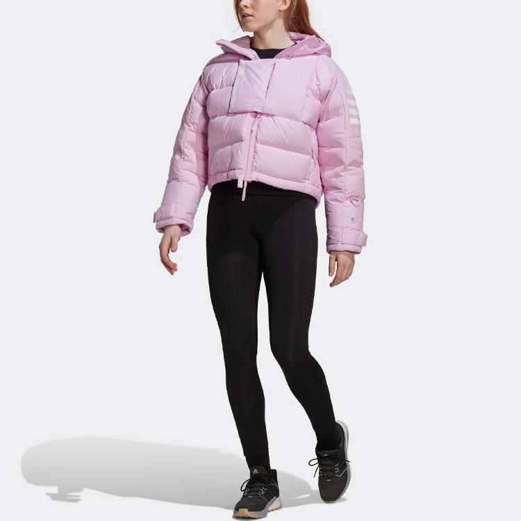 Adidas Drei Streifen bedruckte Kapuzen-Kurzdaunenjacke Damenjacke Pink HG3164