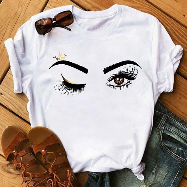 2025 Spring Women's Hand-painted Cartoon Eyelash T-shirt