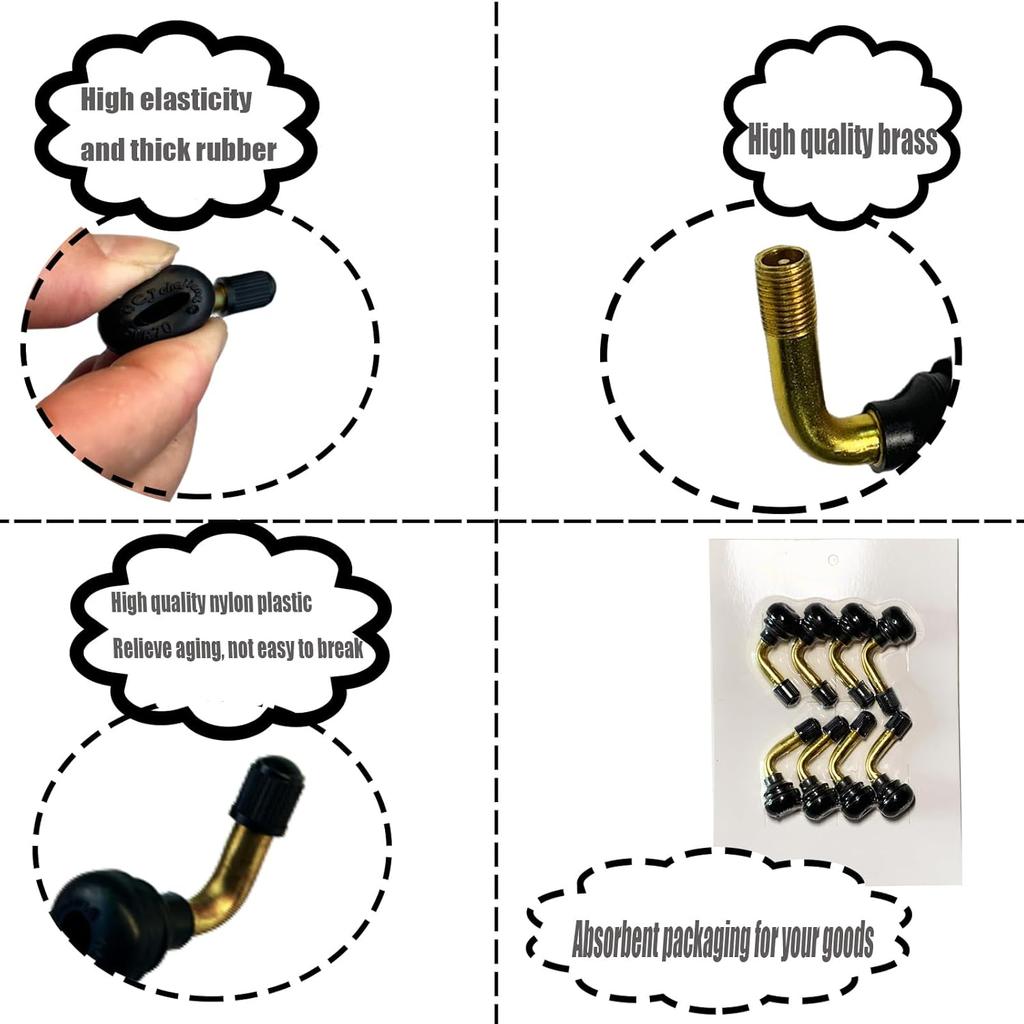Tubeless Tire Valve Stem PVR70 8PCS Brass Stems Bent 90 Degree Angled Snap-In Black Rubber Base For Motorcycle Scooter ATV Go Kart Fits Tubeless Tire