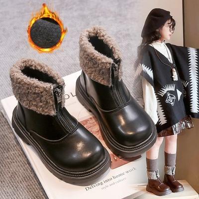 Autumn and Winter Children's Fleece-lined Ankle Boots Warm Retro Leather Boots for Medium and Large Children Non-slip Soft-soled Winter Boots